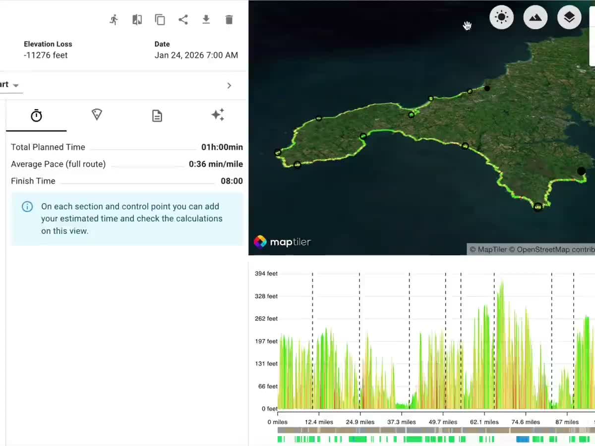 Interactive trail map with elevation profile and weather overlay
