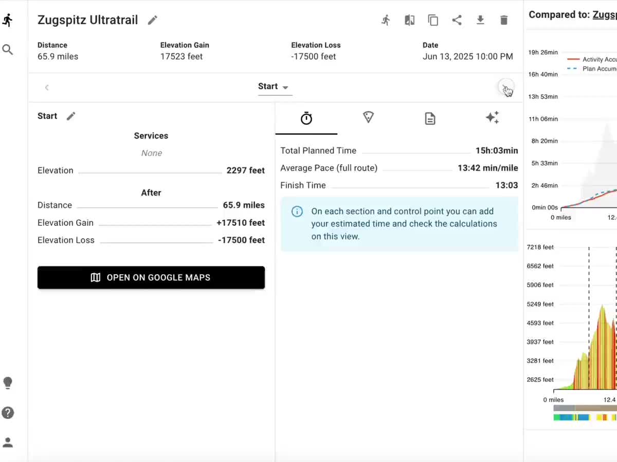 Pacing plan with elevation and time breakdown